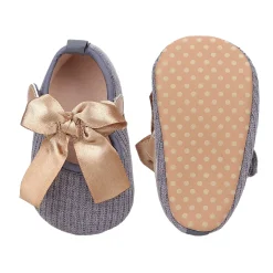 Baby Moo Bow Knot Velcro Strap Ribbed Anti-Skid Ballerina Booties - Grey