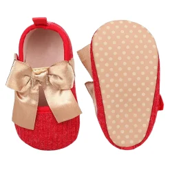 Baby Moo Bow Knot Velcro Strap Ribbed Anti-Skid Ballerina Booties - Red