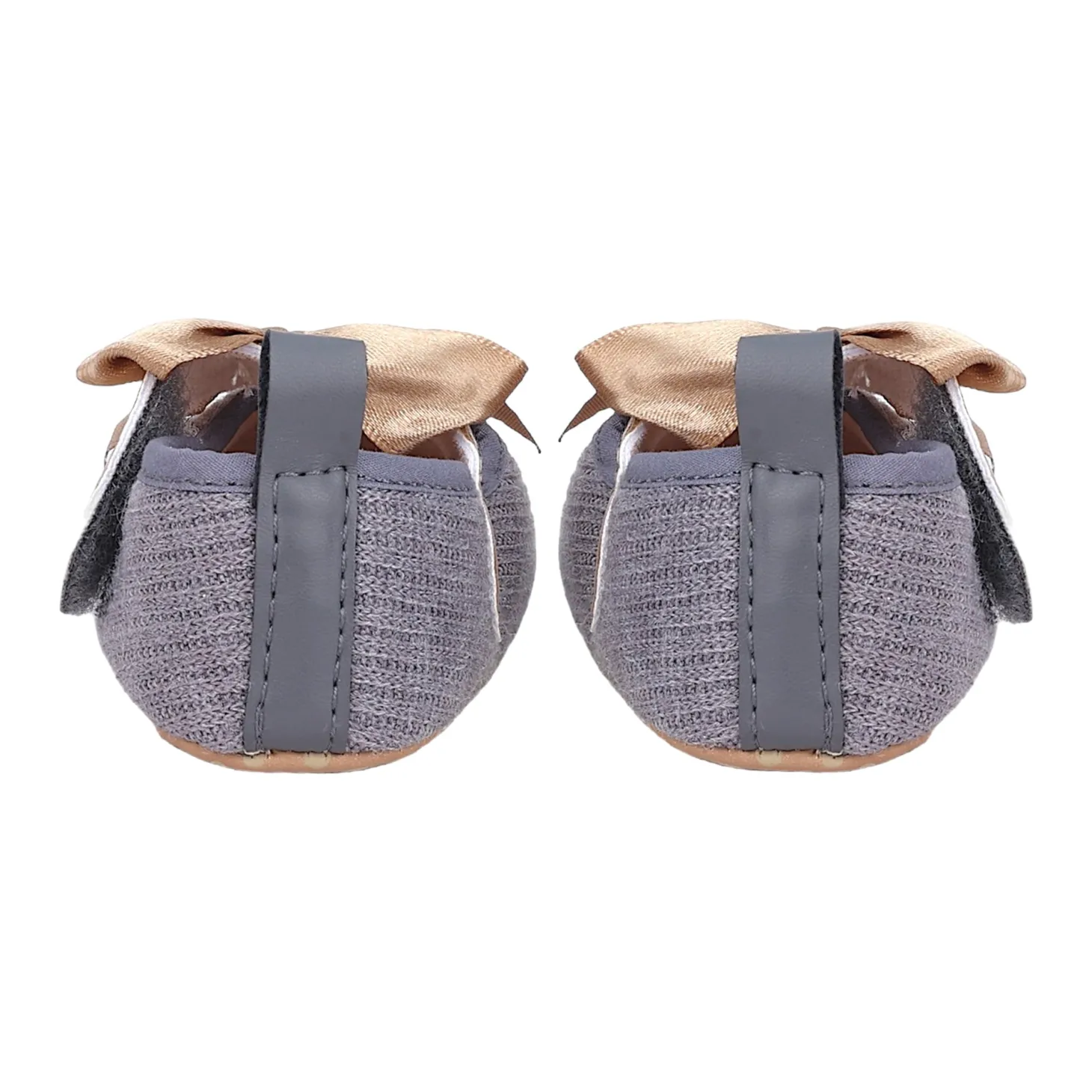Baby Moo Bow Knot Velcro Strap Ribbed Anti-Skid Ballerina Booties - Grey