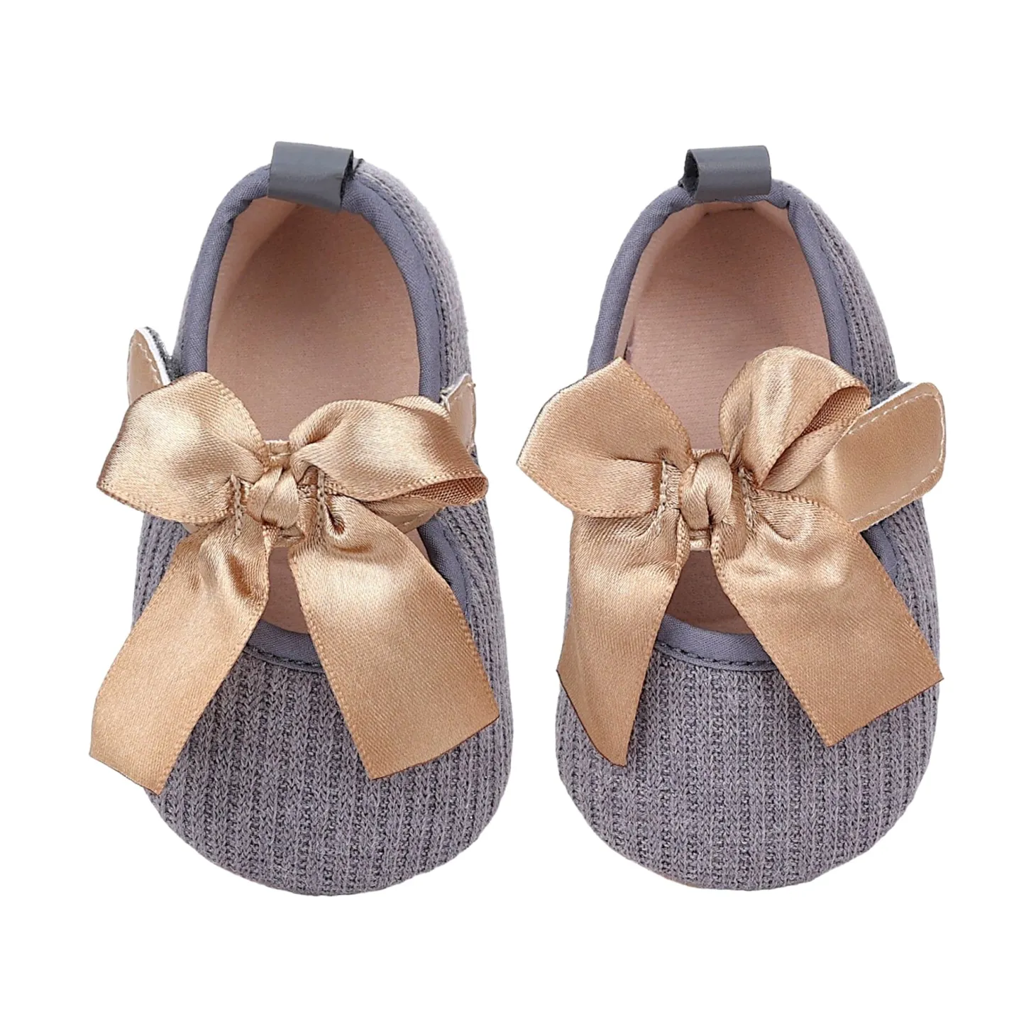 Baby Moo Bow Knot Velcro Strap Ribbed Anti-Skid Ballerina Booties - Grey
