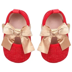 Baby Moo Bow Knot Velcro Strap Ribbed Anti-Skid Ballerina Booties - Red