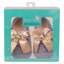Baby Moo Bow Knot Velcro Strap Ribbed Anti-Skid Ballerina Booties - Grey