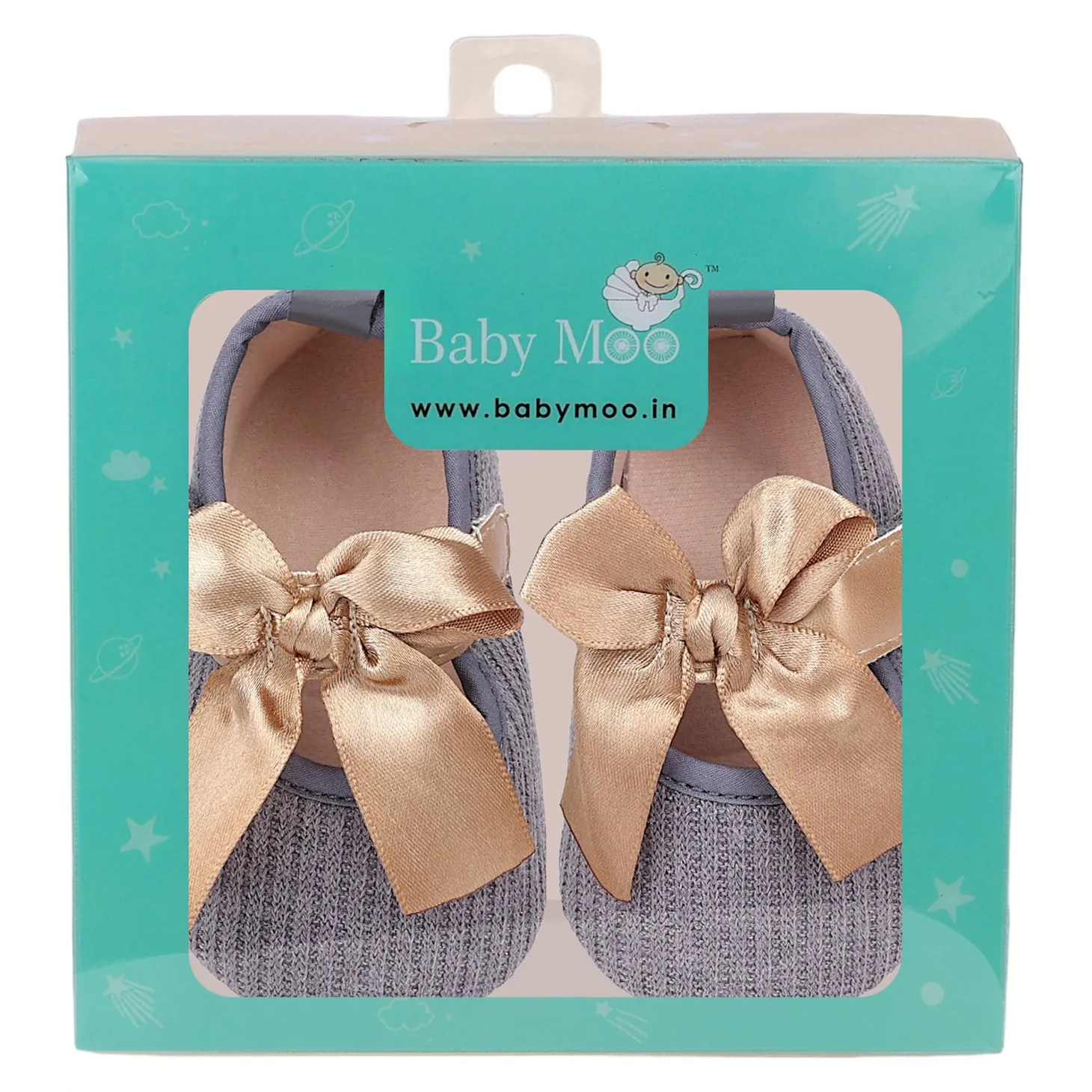 Baby Moo Bow Knot Velcro Strap Ribbed Anti-Skid Ballerina Booties - Grey