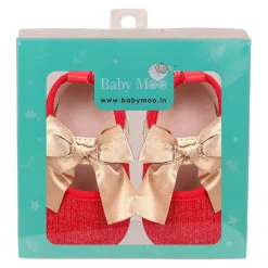 Baby Moo Bow Knot Velcro Strap Ribbed Anti-Skid Ballerina Booties - Red