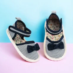 Baby Moo Bow Nautical Striped Velcro Straps Anti-Skid Sandals - Blue