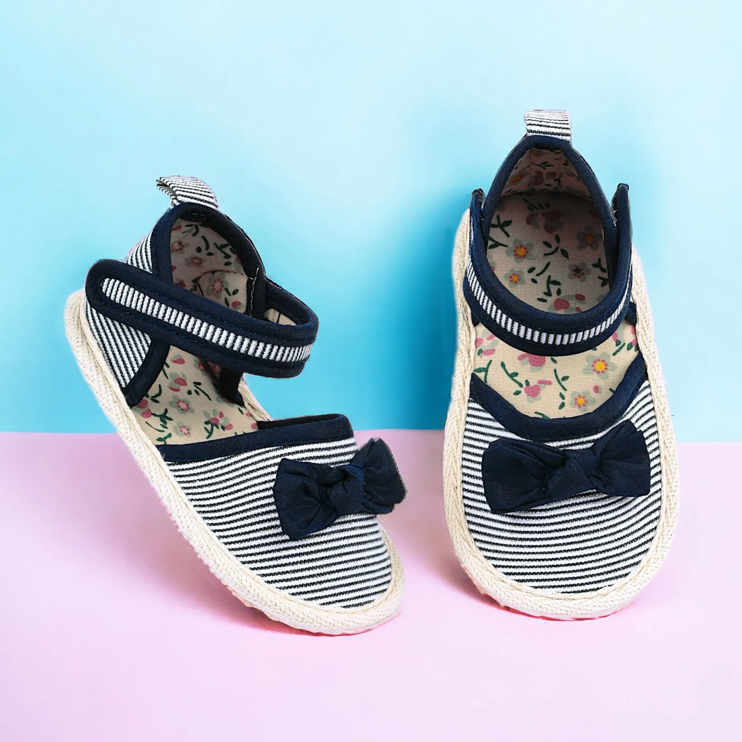 Baby Moo Bow Nautical Striped Velcro Straps Anti-Skid Sandals - Blue