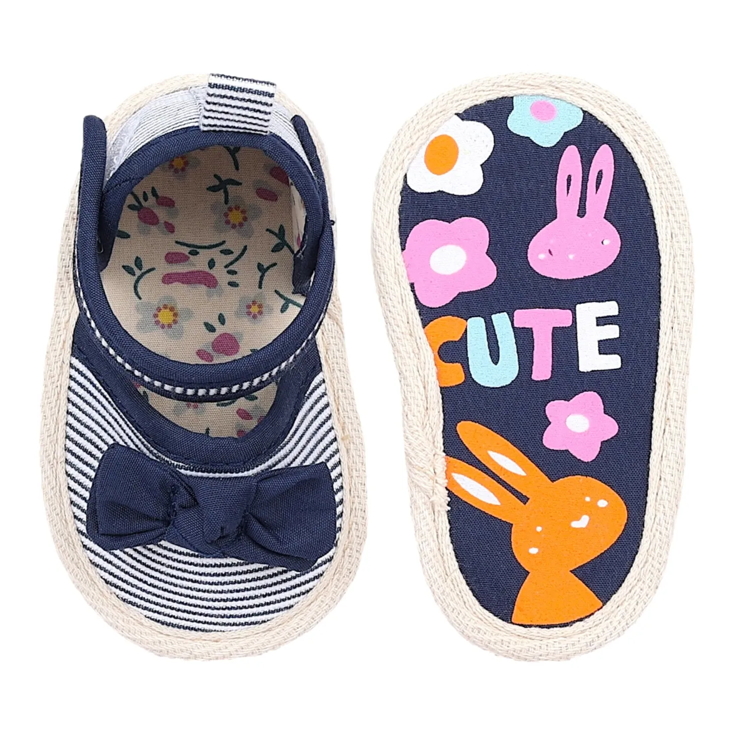 Baby Moo Bow Nautical Striped Velcro Straps Anti-Skid Sandals - Blue