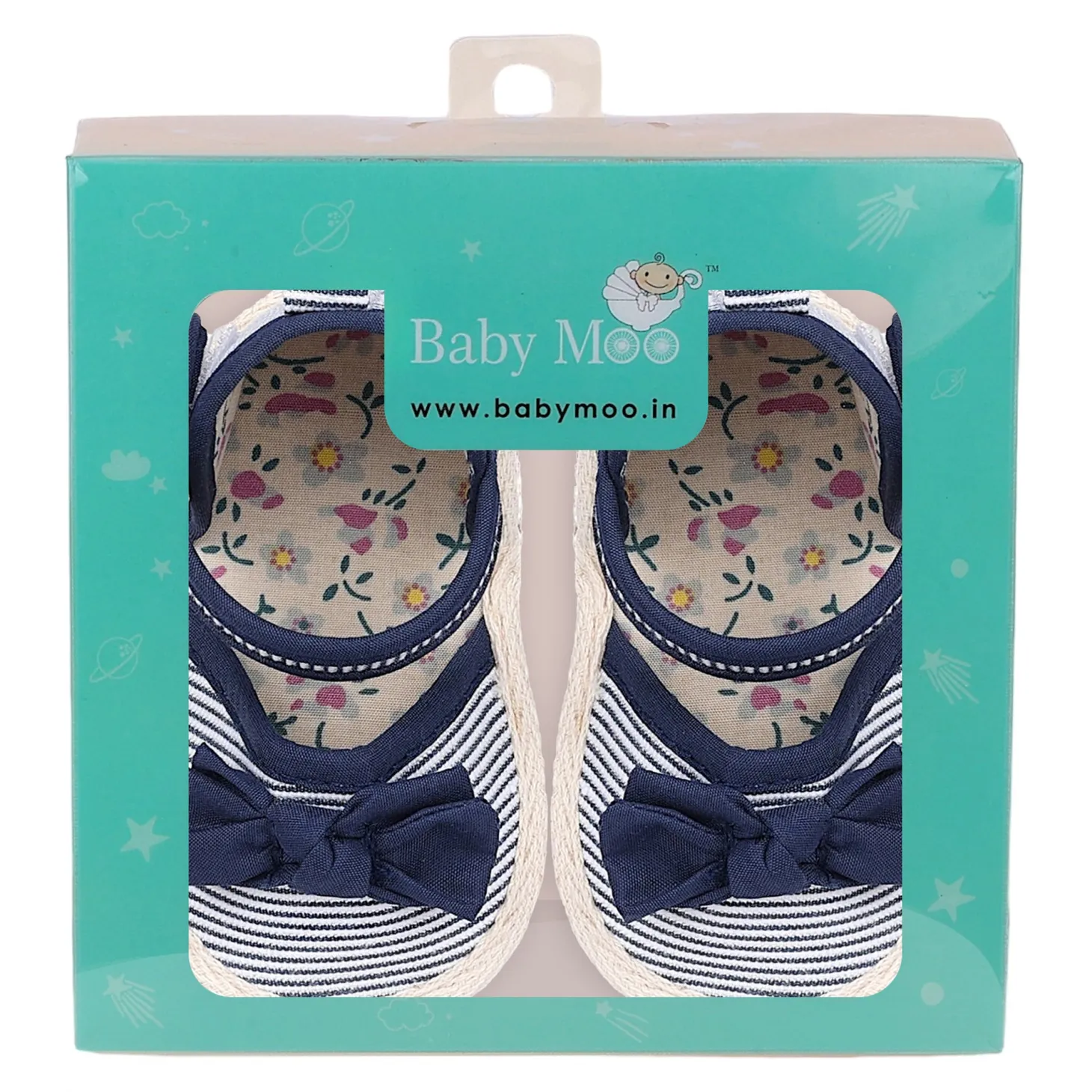Baby Moo Bow Nautical Striped Velcro Straps Anti-Skid Sandals - Blue