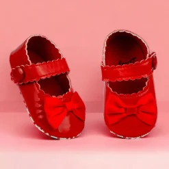 Baby Moo Bow Velcro Strap Patent Leather Anti-Skid Ballerina Booties - Red