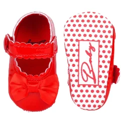 Baby Moo Bow Velcro Strap Patent Leather Anti-Skid Ballerina Booties - Red