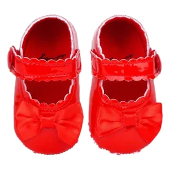 Baby Moo Bow Velcro Strap Patent Leather Anti-Skid Ballerina Booties - Red
