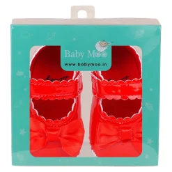 Baby Moo Bow Velcro Strap Patent Leather Anti-Skid Ballerina Booties - Red