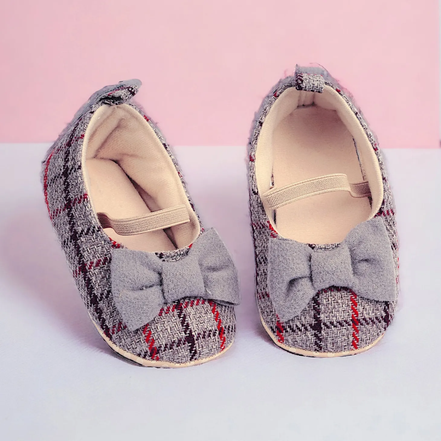 Baby Moo Bow With Elastic Strap Plaid Ballerina Booties - Grey