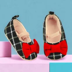 Baby Moo Bow With Elastic Strap Plaid Ballerina Booties - Black