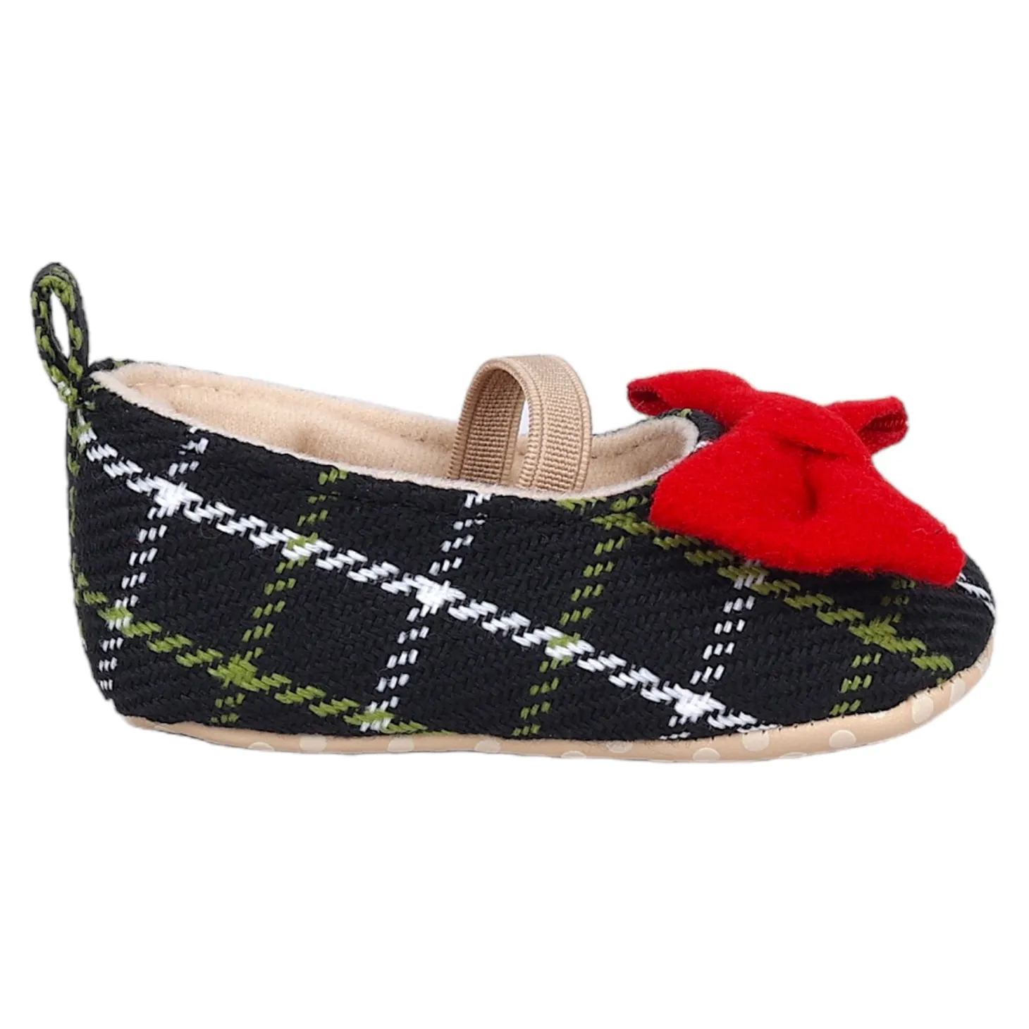 Baby Moo Bow With Elastic Strap Plaid Ballerina Booties - Black