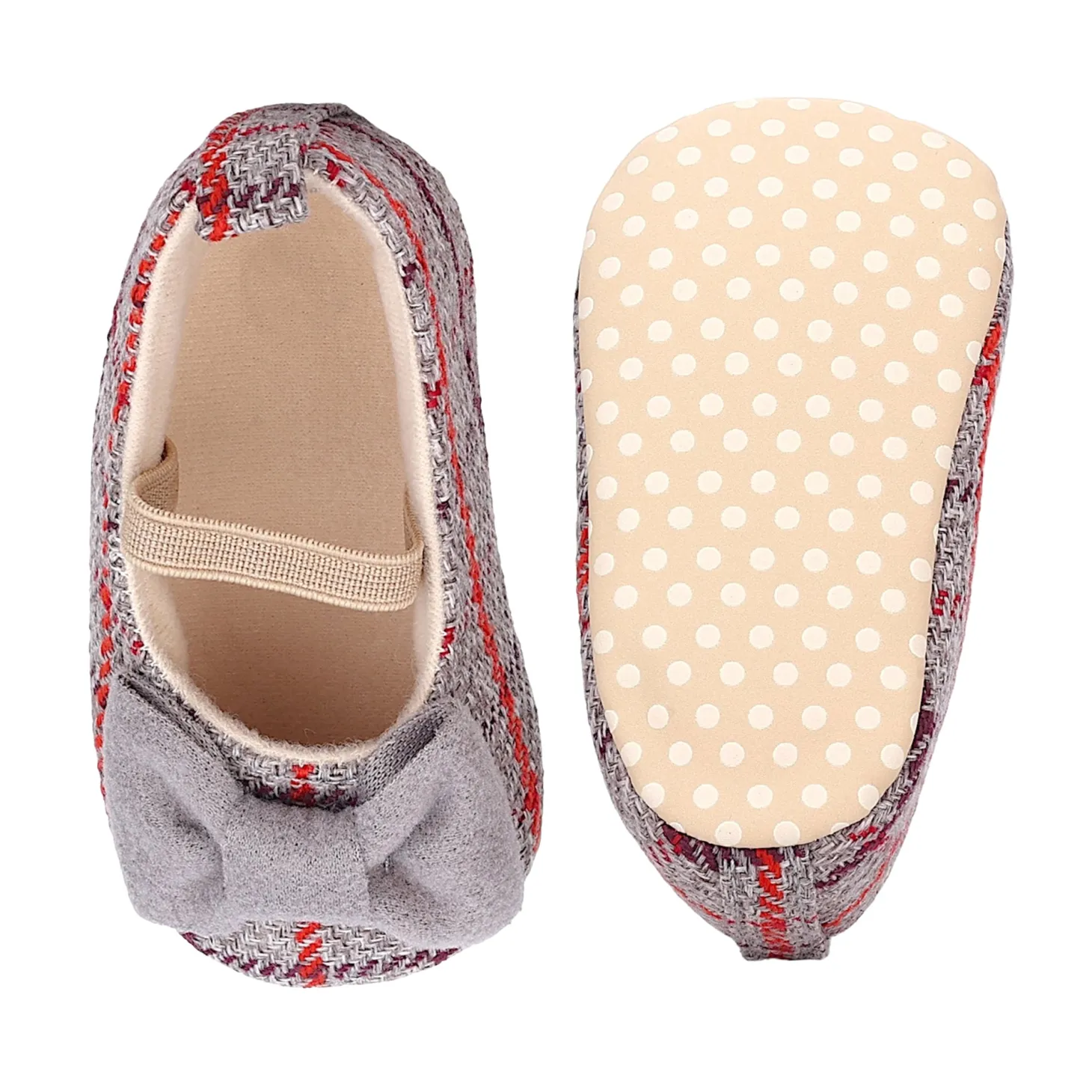 Baby Moo Bow With Elastic Strap Plaid Ballerina Booties - Grey