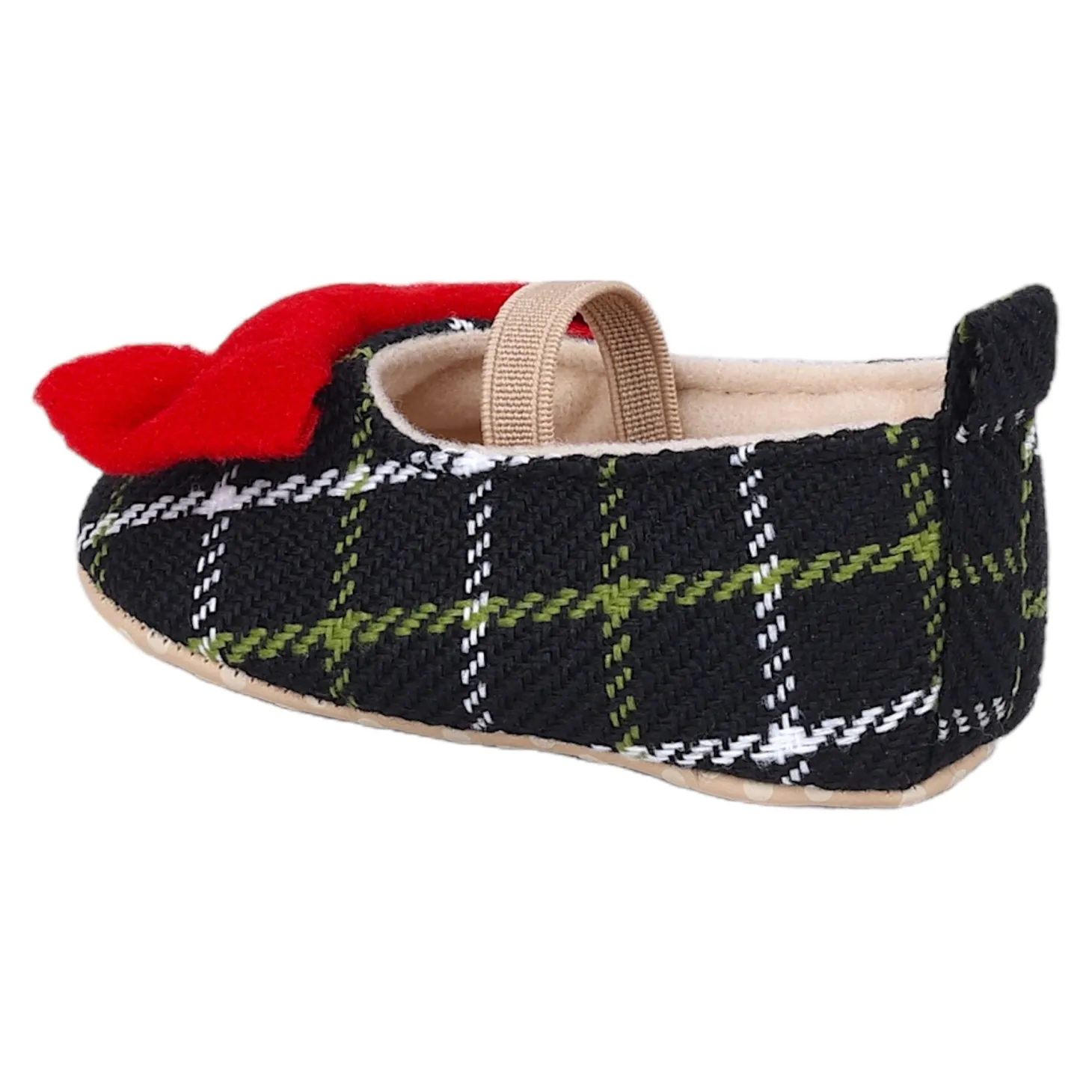 Baby Moo Bow With Elastic Strap Plaid Ballerina Booties - Black
