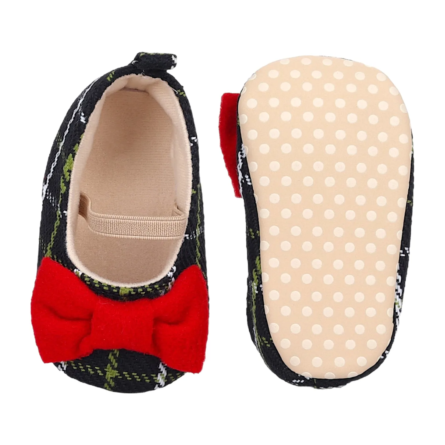 Baby Moo Bow With Elastic Strap Plaid Ballerina Booties - Black
