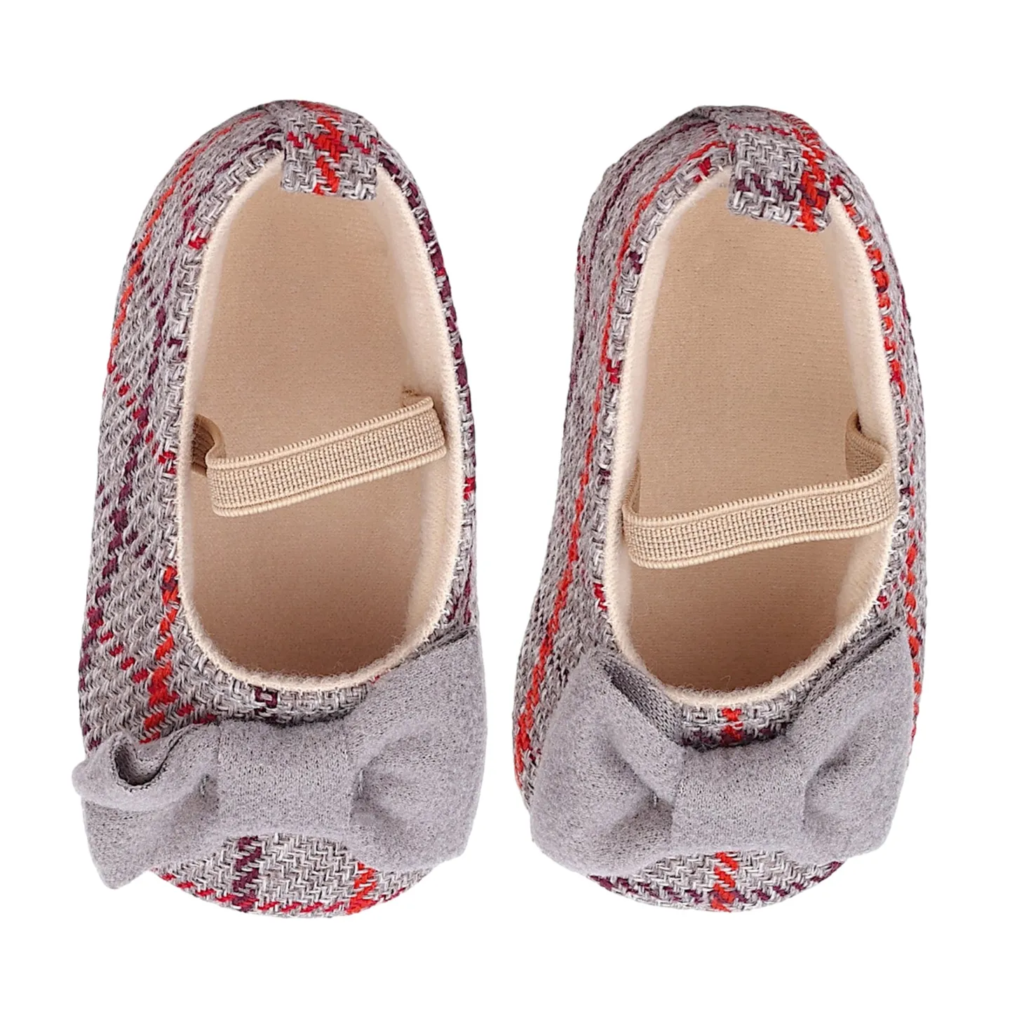 Baby Moo Bow With Elastic Strap Plaid Ballerina Booties - Grey