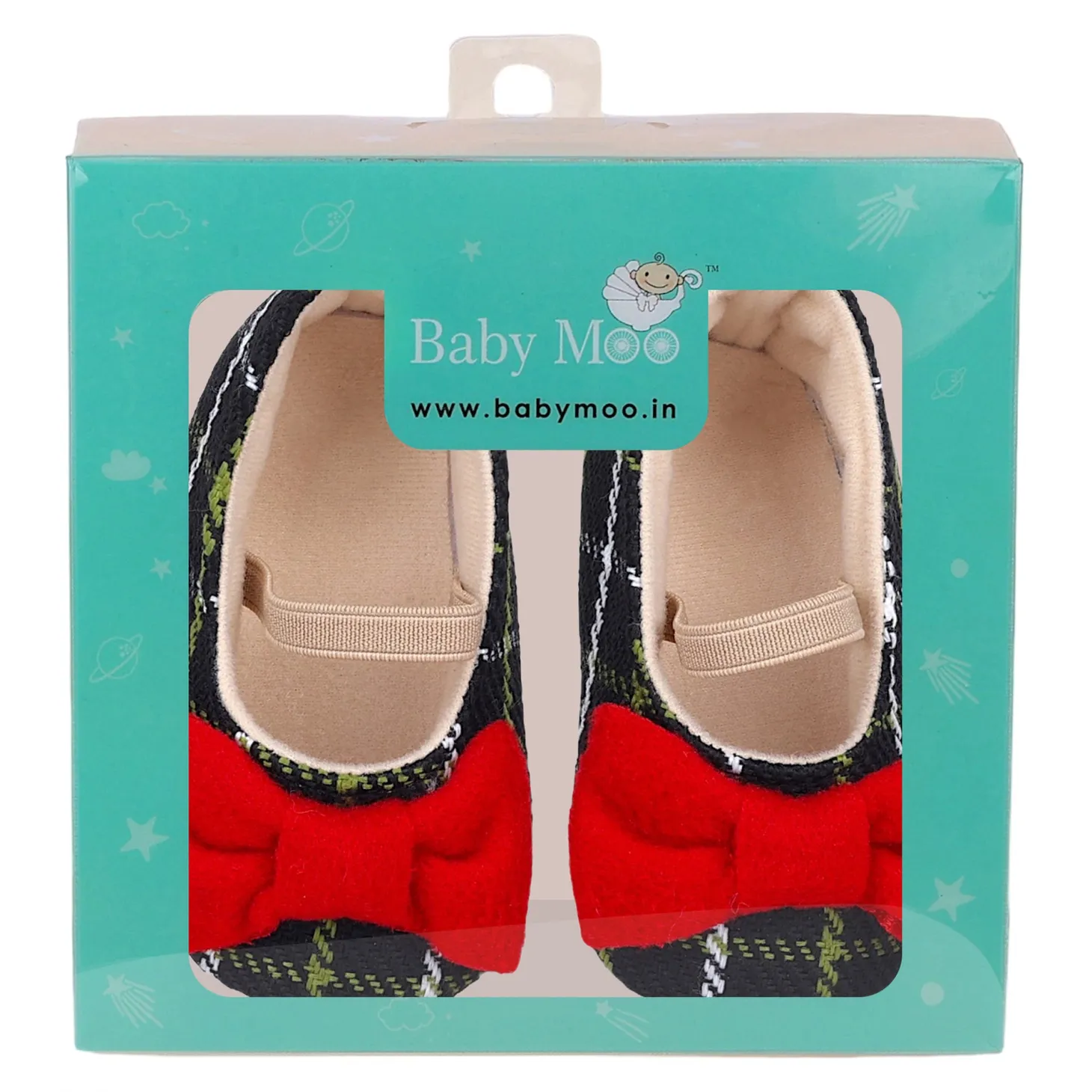 Baby Moo Bow With Elastic Strap Plaid Ballerina Booties - Black