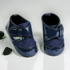 Baby Moo Breathable Buckle Closure Patent Leather Anti-Skid Ballerina Booties - Navy Blue