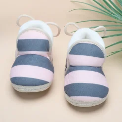 Baby Moo Broad Stripes Soft Slip-On Anti-Skid Plush Warm Booties - Pink