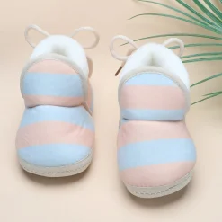 Baby Moo Broad Stripes Soft Slip-On Anti-Skid Plush Warm Booties - Peach