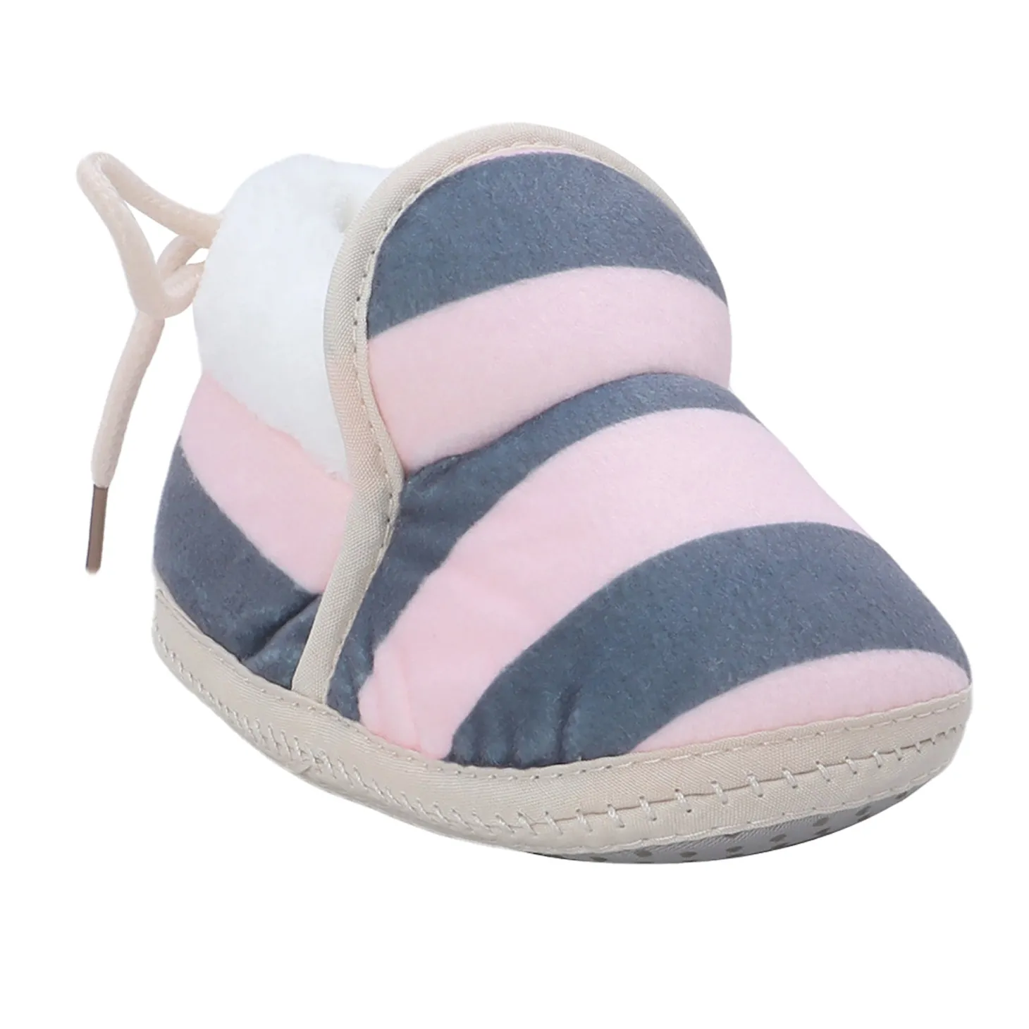 Baby Moo Broad Stripes Soft Slip-On Anti-Skid Plush Warm Booties - Pink