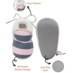 Baby Moo Broad Stripes Soft Slip-On Anti-Skid Plush Warm Booties - Pink