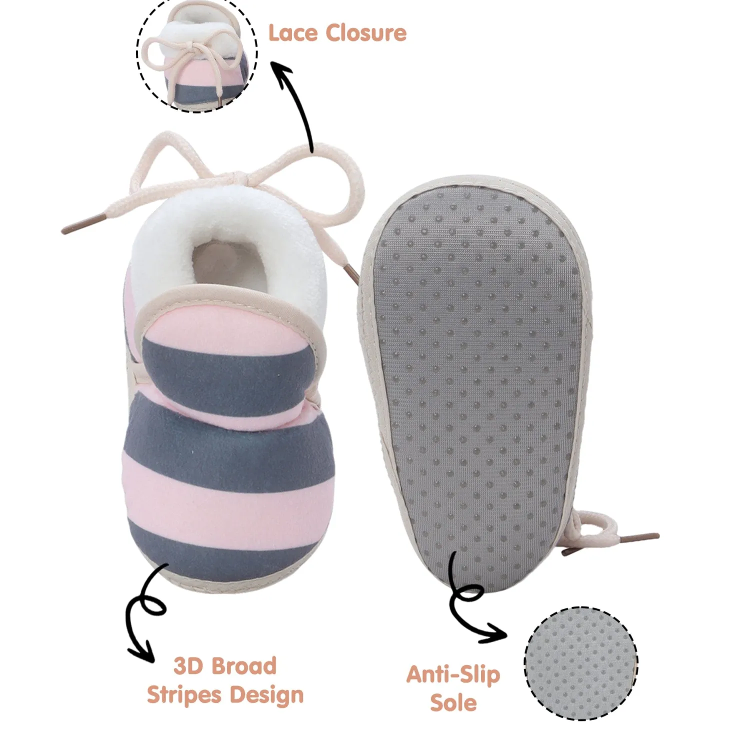 Baby Moo Broad Stripes Soft Slip-On Anti-Skid Plush Warm Booties - Pink