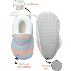 Baby Moo Broad Stripes Soft Slip-On Anti-Skid Plush Warm Booties - Peach