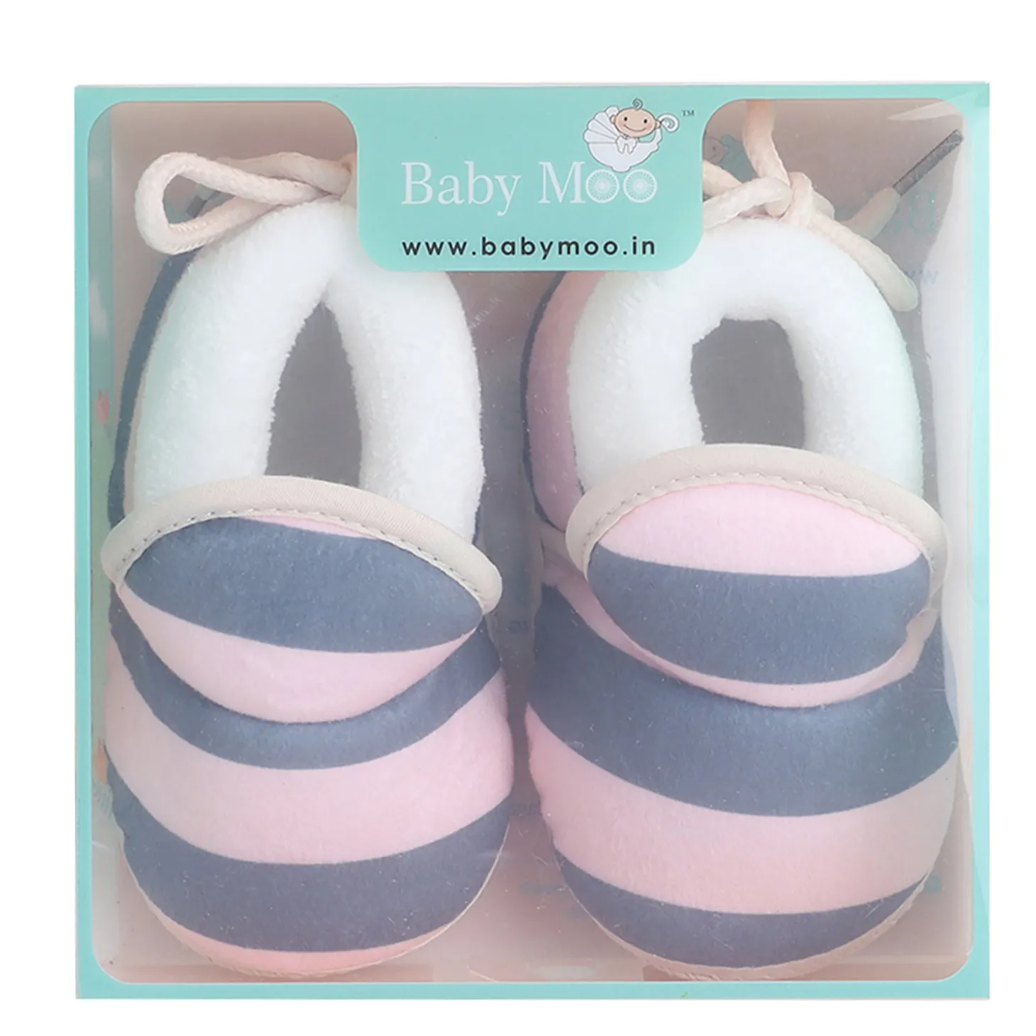 Baby Moo Broad Stripes Soft Slip-On Anti-Skid Plush Warm Booties - Pink