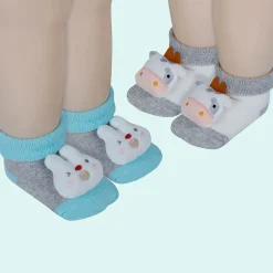 Baby Moo Bunny And Cow 3D Rattle Anti-Skid Socks Booties Pack of 2 - Green, Grey