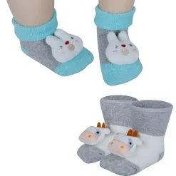 Baby Moo Bunny And Cow 3D Rattle Anti-Skid Socks Booties Pack of 2 - Green, Grey