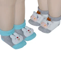 Baby Moo Bunny And Cow 3D Rattle Anti-Skid Socks Booties Pack of 2 - Green, Grey