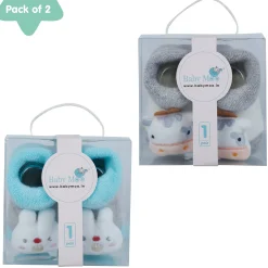 Baby Moo Bunny And Cow 3D Rattle Anti-Skid Socks Booties Pack of 2 - Green, Grey