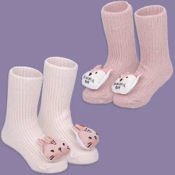 Baby Moo Bunny And Fox 3D Rattle Anti-Skid Socks Booties Pack of 2 - Peach, Rose Gold
