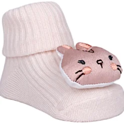 Baby Moo Bunny And Fox 3D Rattle Anti-Skid Socks Booties Pack of 2 - Peach, Rose Gold