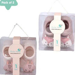 Baby Moo Bunny And Fox 3D Rattle Anti-Skid Socks Booties Pack of 2 - Peach, Rose Gold