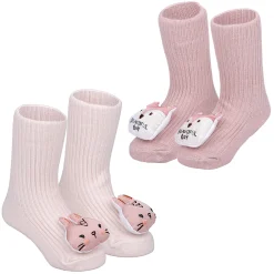 Baby Moo Bunny And Fox 3D Rattle Anti-Skid Socks Booties Pack of 2 - Peach, Rose Gold