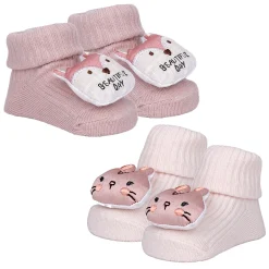Baby Moo Bunny And Fox 3D Rattle Anti-Skid Socks Booties Pack of 2 - Peach, Rose Gold