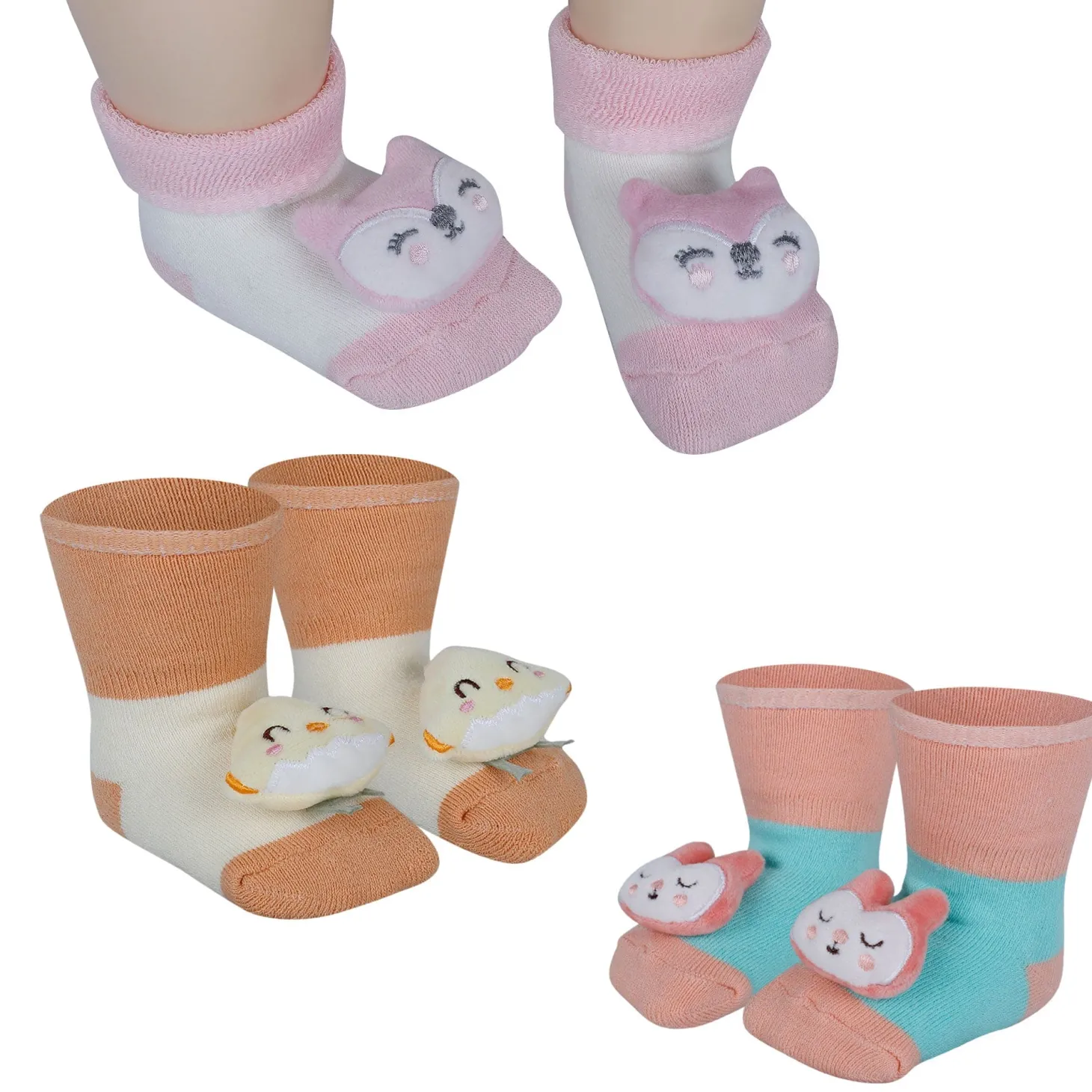Baby Moo Bunny Chick 3D Rattle Anti-Skid Socks Booties Pack of 3 - Orange