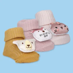 Baby Moo Bunny Fox Bear 3D Rattle Anti-Skid Socks Booties Pack of 3 - Mauve, Mustard