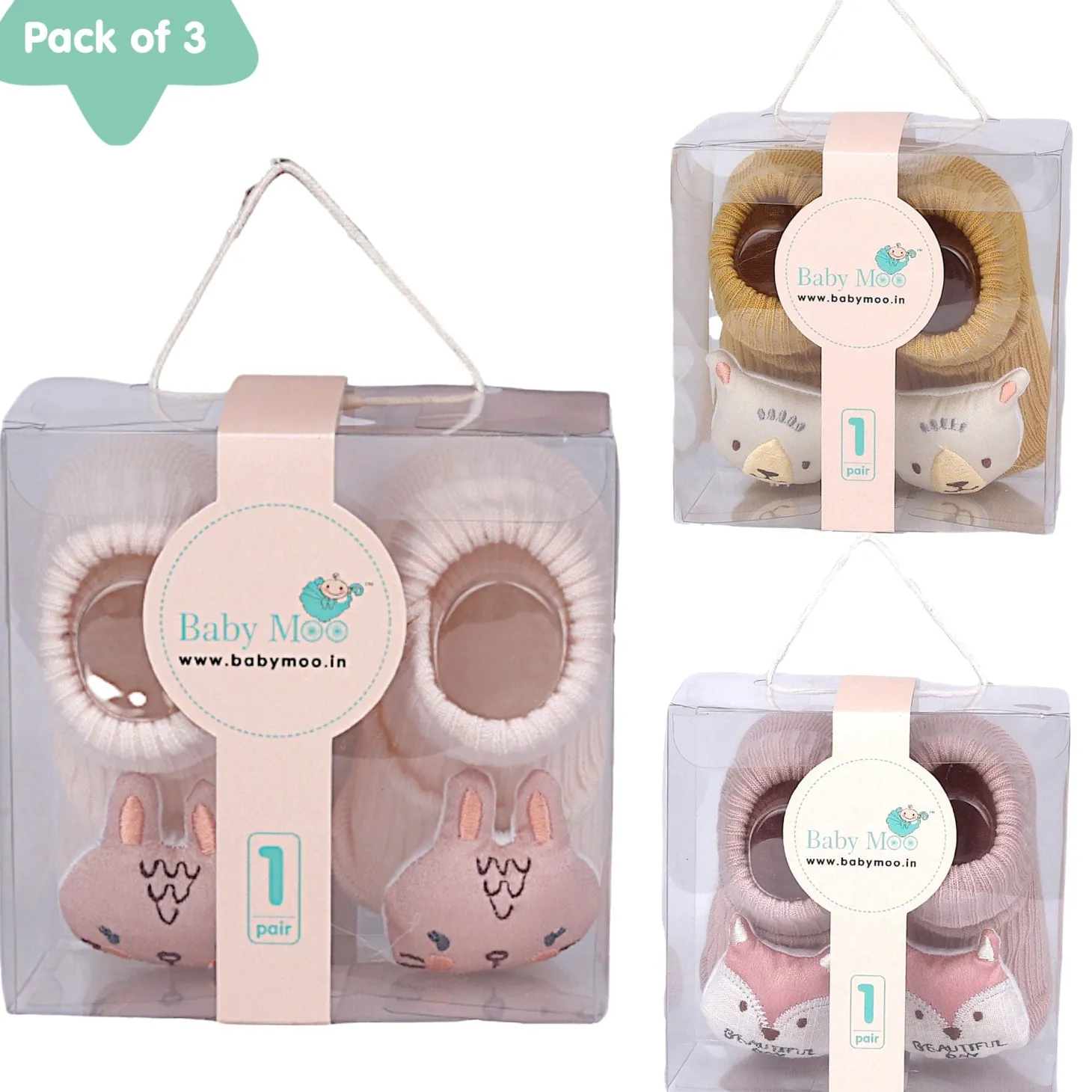 Baby Moo Bunny Fox Bear 3D Rattle Anti-Skid Socks Booties Pack of 3 - Mauve, Mustard