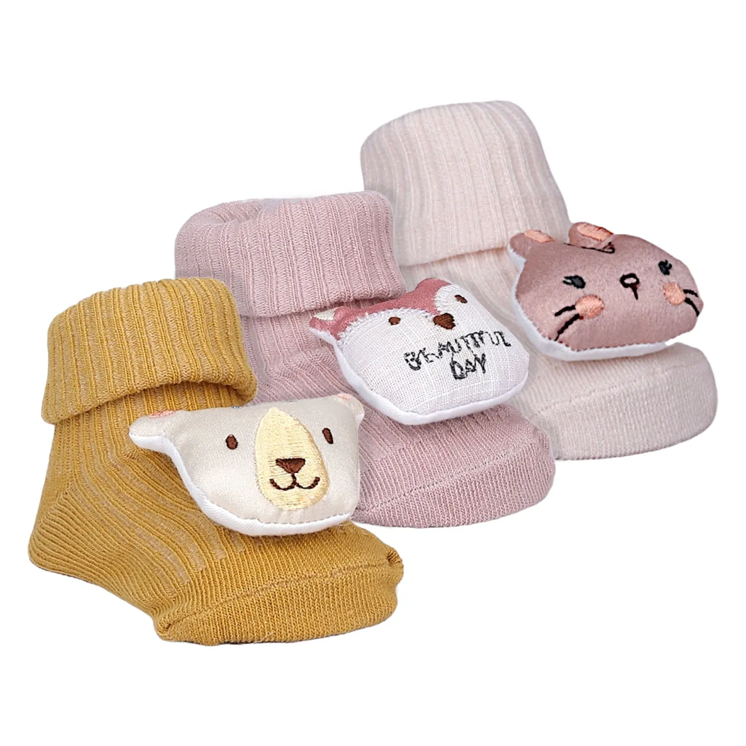Baby Moo Bunny Fox Bear 3D Rattle Anti-Skid Socks Booties Pack of 3 - Mauve, Mustard