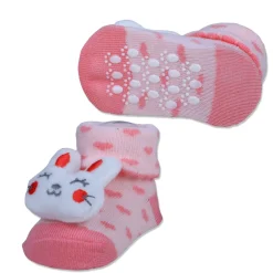 Baby Moo Bunny Heart Cotton Anti-Skid 3D Socks - Pink