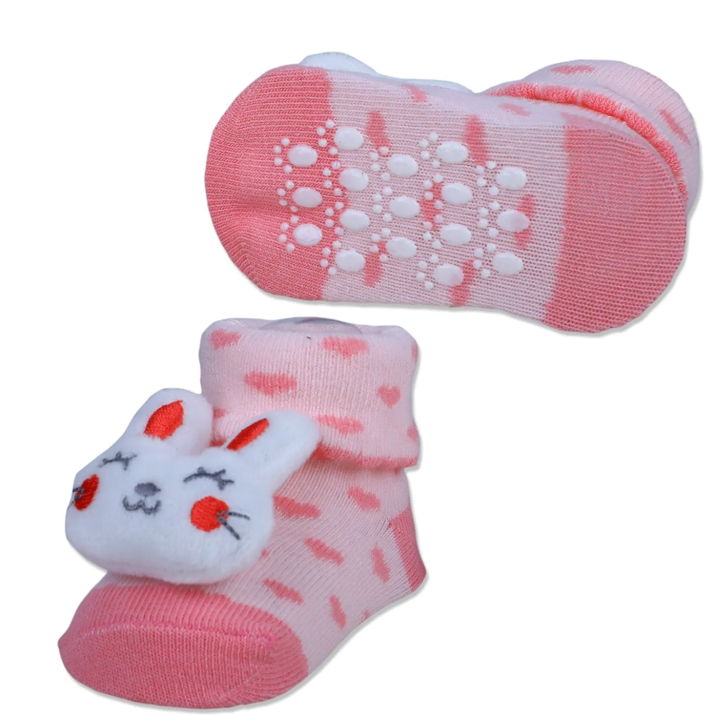 Baby Moo Bunny Heart Cotton Anti-Skid 3D Socks - Pink