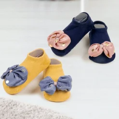 Baby Moo Butterfly Bow Anti Skid Ankle Length Toddlers Dress Up Walking Set of 2 Socks Booties - Navy Blue, Yellow