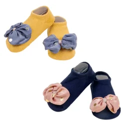 Baby Moo Butterfly Bow Anti Skid Ankle Length Toddlers Dress Up Walking Set of 2 Socks Booties - Navy Blue, Yellow