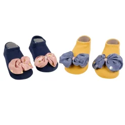Baby Moo Butterfly Bow Anti Skid Ankle Length Toddlers Dress Up Walking Set of 2 Socks Booties - Navy Blue, Yellow